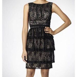 Maggy London Women Black Champagne Floral Vine Lace Tiered Midi Dress Size 12